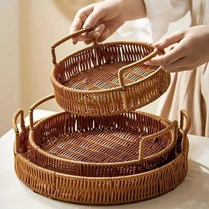 Natural Rattan Round Serving Tray Handles Woven Wicker Nesting Basket Shallow Fruit Tray for Table Use Multifunction Storage