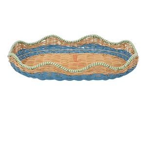 Coastal Style Faux Rattan Serving Tray, Storage Tray in Trendy Color Combinations Scalloped Edge 2028 Spring