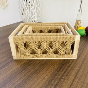 Handcrafted Wooden Storage Box with Cotton Rope Woven Details Sturdy & Decorative Home Organizer