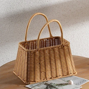 Rattan Wicker Flower Gift Basket Hand Woven Storage Basket Foldable Handle Home Decoration Picnic Basket