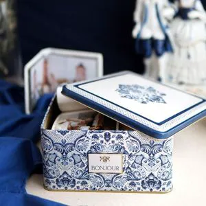 Kontensan ER0284H 198x198x100 mm Azulejo-Inspired Blue & White Decorative Pattern Metal Storage Box 3.7L Square Elegant Design