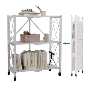 Multi-Layer Metal Floor Standing Stackable Folding Shelf Rack Trolley Movable Multi-Layer Kitchen Organizer Storage Rack