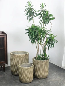 Retro Bamboo Rattan Woven Magnesium Mud Large Flower Pot Woven Design Indoor Outdoor Chinese Style Monstera Dragon Tree