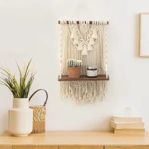 Single Tier Macrame Boho Wall Hanging Shelf Handmade Bohemian Woven Plants Storage Decor Home Decoration Bathroom Bedroom