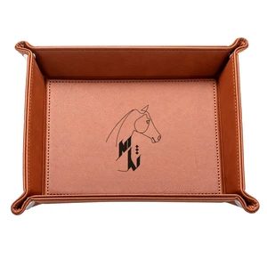 Custom Luxury Black Laser Engraved Leather Sundries Valet Storage Trays For Home Organizer