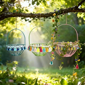 2024 Hot 3PCS Colorful Decorative Round Base Handle Metal Wire Basket Handwoven Easter Storage Basket Rattan Iron Outdoor Use