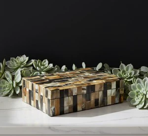 Luxury Horn Inlay Wooden Decorative Storage Box Mosaic Trinket Jewelry Organizer Tabletop Keepall Box