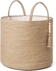 Woven Storage Basket Decorative Natural Rope Basket for Blankets,Toys,Clothes,Shoes,Plant Organizer Bin with Handles Home Decor