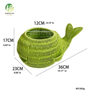 Wicker Rattan Whale Shaped Storage Basket with Handle Eco-Friendly Vintage/Durable Multi-Purpose Home Organizer Blue