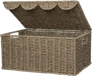 Wicker Basket with Scalloped Edge Lid, Water Hyacinth Basket with Built-in Handles, Handwoven Wicker Box for Living Room