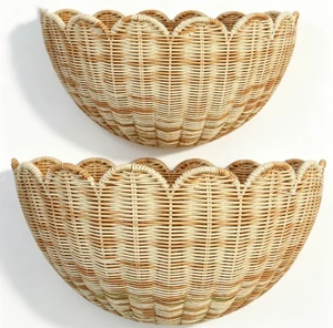 Scalloped Contemporary Wicker Rattan Wall Baskets 2pcs Hand Woven Hanging Set Bathroom Storage Decor Home Wholesale