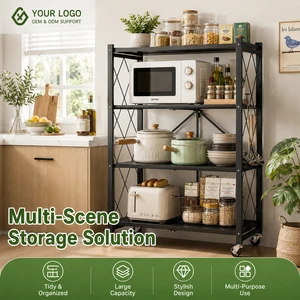 Foldable 4 Tier Kitchen Storage Rack with Wheels No Assembly Metal Shelf Organizer for Home Wholesale Supplier