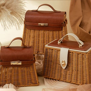 Rattan Decorative Brown Small Wicker Picnic Baskets With Metal Lock Handles Rectangular Shape Hand-held Storage Basket