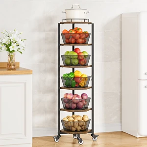 5-Tier Rotating Corner Storage Rack With Wheels, Kitchen Vegetable Fruit Basket Organizer Shelf