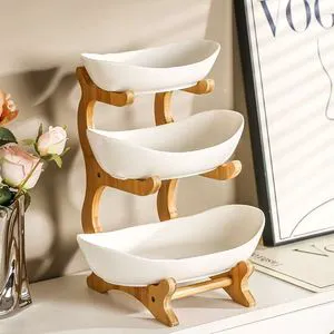 Minimalist Design Three-Layer Round Wooden Fruit Tray for Living Room Kitchen Use Portable Tableware Storage