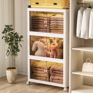 Multi-Functional Plastic Storage Box Wheels Foldable Double Door Bins Cabinet for Clothes Toys Books Snacks for Bathroom Use