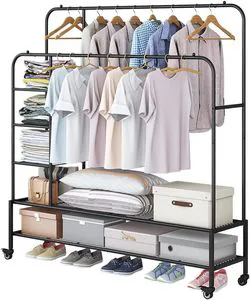 Five-Layer Stainless Steel Metal High-and-Low-Tier Clothes Drying Rack with Double-Layer Hanger Wheels Wire Mesh Shelf