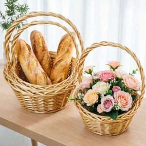 Handwoven Wicker Storage Basket with Handle Natural Rattan Bread Fruit Basket for Home Kitchen Picnic Storage and Home Decor