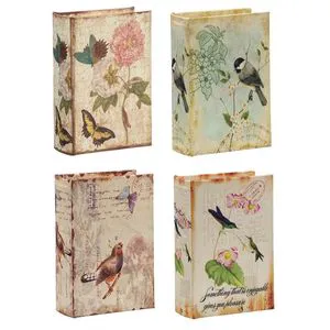 Set of 4 Decorative Storage Boxes with Birds and Flowers Handwriting Design 5.5x4x2