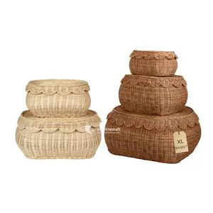 Scalloped Rattan Basket Set Decorative Wicker Storage Basket With Lid Wholesale