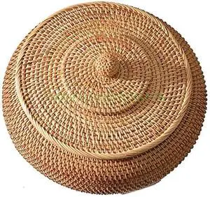 Round Rattan Boxes with Lid Hand-Woven Multi-Purpose Wicker Tray 8.5 Inch Picnic Food Bread Table Storage Basket