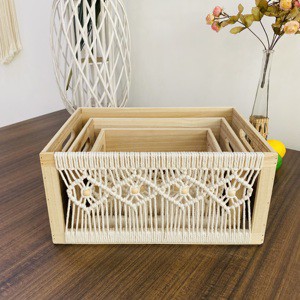 Handcrafted Wooden Storage Box with Cotton Rope Woven Details Sturdy & Decorative Home Organiser