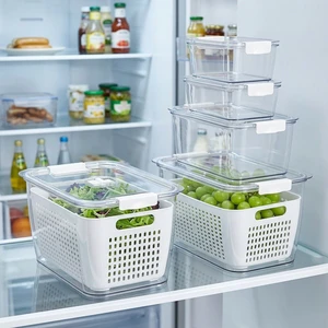 Large PET Fruit Storage Bin for Refrigerator with Colander Basket Transparent Vegetable Fresh Keeper for Healthy Kitchen