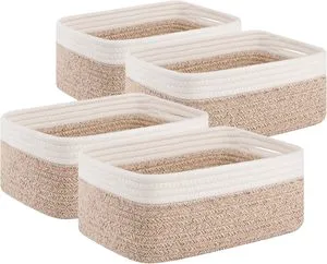 4-Piece Modern Rectangle Storage Bins Organizer Cute Brown/White 100% Cotton Eco-Friendly Multifunction 11.8''Lx7.8''Wx4.7''H