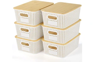 6 Pack Plastic Storage Bins with Bamboo Lids Stackable Small Box Baskets for Organizing for Shelves Drawers Desktop