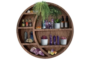 Modern Wall Mounted Wooden Floating 4-Tier Round Shelf for Flower Pots Stones/Crystals Decor Tool Storage