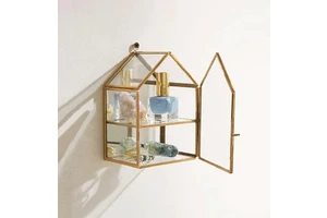 Hut Shape Wall Decorative Small Brass and Glass Hanging Shelves Display Box Customized Wall Mounted Storage Box