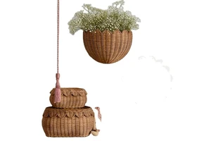 White Brown Natural Rattan Scalloped Vintage Wicker Hand Woven Eco-Friendly Multifunction Storage Basket for Home Kitchen