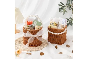 Wicker Flower Girl Basket Rattan Woven Storage Basket with Pearl Handles Gifts Artificial Flower Storage for Wedding Home Garden