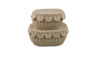 2026 OEM H&T Rattan Scallop Lid Storage Basket Gift Basket Hamper Bamboo Rattan Wicker Organizers Woven Storage Baskets