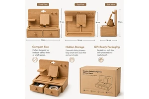 Natural Oak Wooden Desktop Organizer with Phone Stand Dual Drawer Bedside Valet Tray Desk Storage Box for Watch Keys Pen Gift