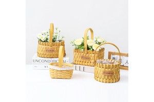 Wholesale Handheld Handmade Wood Chip Wicker Rectangle Rattan Woven Flower Basket Popular Home Decoration Pastoral Style