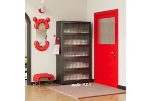 Black Metal Shoe Rack Cabinet With Door, Multi-layer High-capacity Shoe Rack For Large Families