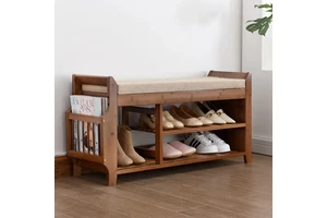 Natural Bamboo Modern Double Tier Multifunction High Precision Bolt Inserting Type Shoe Storage Rack Bench Cushion Seat