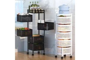 Kitchen Rotating Shelf Multi-tiers Basket Fruit Vegetable Storage Metal Rack with Wheels