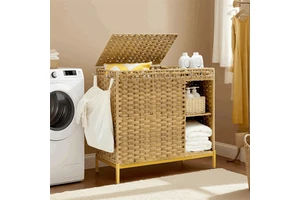 Factory Price Rattan Laundry Hamper Wicker Woven Laundry Sorter Basket with Storage Shelf