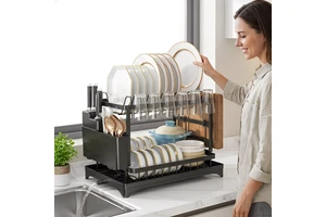 Large Capacity 2-Tier Black Dish Drying Rack For Kitchen Rack Countertop Drainer Tray Kitchen Dish Rack Storage Holders & Racks