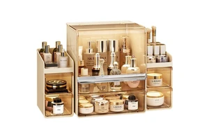 Large Clear Glossy Modern PET Three-Layer Eco-Friendly Makeup Organizer Storage Box for Skincare Lipstick Bedroom & Bathroom Use