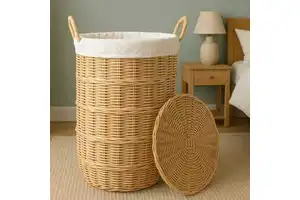 Stylish & Practical Handwoven Round Wicker Rattan Storage Baskets Handles for Home Organization Storage Shoes Clothing Laundry