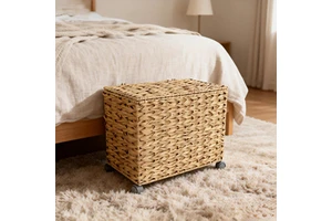 Wholesale Multifunctional Handwoven Rattan Woven Wicker Baskets Sustainable Iron Plastic PE Storage Wheels Household Objects