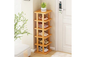 Portable Adjustable Solid Wood Shoe Shelf - Slim Space-Saving Stackable Bamboo Shoe Rack Organizer for Home Closet.