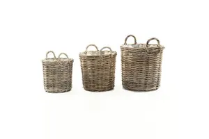 Rattan Wicker Laundry Basket Tong with Plastic Lining Inside Grey Rattan Kubu Grey in Round Shape From Indonesia