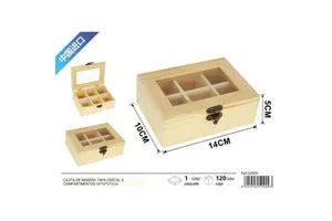 Home Decorative Storage Box with Glass Lid 6 Compartments 14x10x5 cm Wooden Box