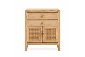 Modern Bohemian Rattan Nightstand Solid Ash Wood Hand-Woven 2-Drawer Cabinet Eco-Friendly Durable Apartment Bedroom Furniture