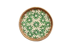 Multi-Function Round Rattan Tray with Seashell Design Serving Wicker Basket with Two Handles Storage Made in Vietnam