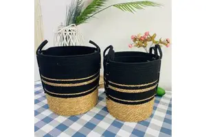 Traditional Handcrafted Eco-Conscious Wicker Basket Rattan with Cotton Rope Reinforced Handles Woven Fabric Storage Basket